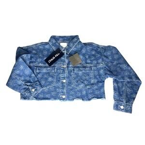 Dolls Kill x Le Lis Denim Crop Jacket Floral Stitch Over Sizes Small Daisies New